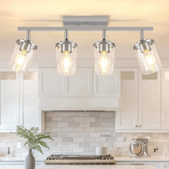 4-Light Brushed Nickel Track Lighting Kit with Clear Glass, Modern Track Light Fixtures Flush Ceiling Mounted, Tracking Vanity Lighting Rotatable Spotlight for Kitchen Bathroom