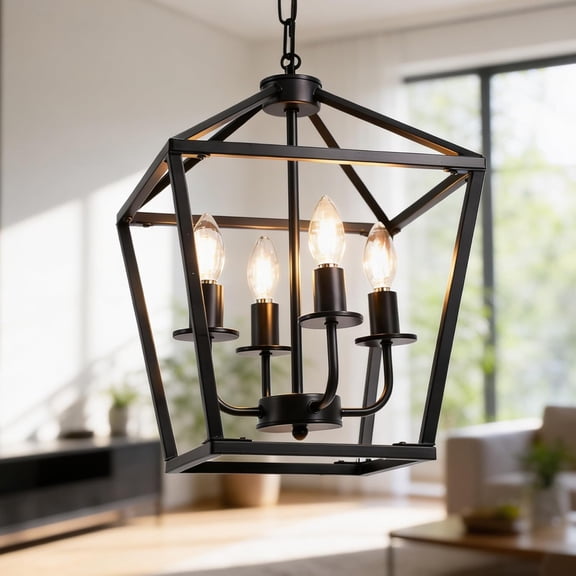 4 Light Chandelier, Black-A Lantern Light Fixture, Industrial Farmhouse Ceiling Light, Metal Cage Rustic Geometric Pendant Light, Adjustable Height E12 Base for Kitchen Island, Entryway