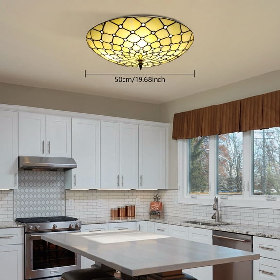 4-Light Classic Ceiling Light Flush Mount Wide Stained Glass Ceiling Light 110V