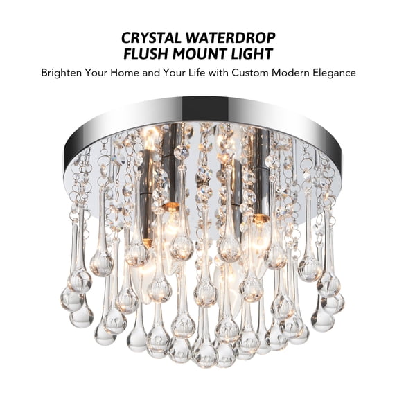Wayshire 11” Art Deco 4-Light Chrome Flush Mount Light with K9 Crystal Glass Waterdrop Shade