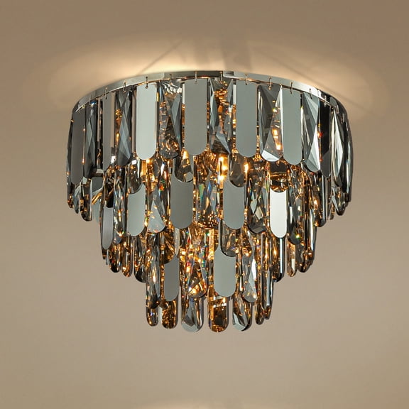 4-Light Dimmable 3-Tier Smoked Crystal Flush Mount Ceiling Light 14" Round Low Profile Chandelier with Polished Nickel Finish and Stainless Steel Accents for Dining Room, Entryway