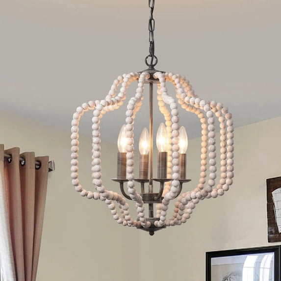 4-Light Dimmable Geometric Wood Bead Chandelier for Dining Room & Foyer