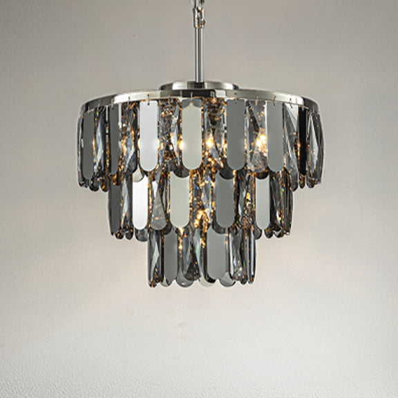 4-Light Dimmable Modern 3-Tier Smoked Crystal Chandelier 14" Contemporary Round Polished Nickel Pendant Light Fixture for Dining Room Bedroom