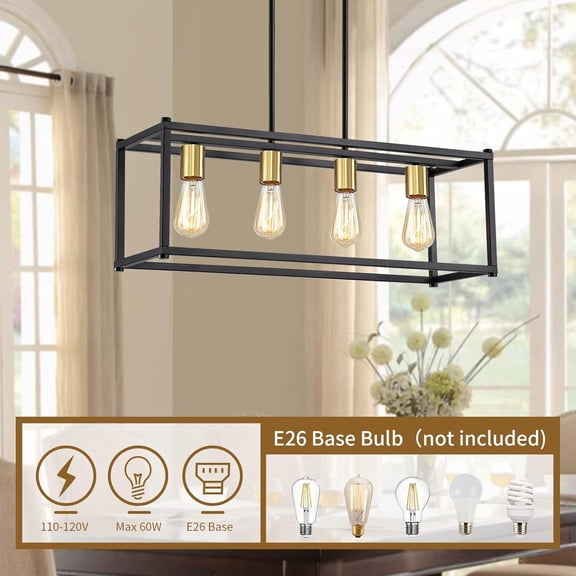 4-Light Dining Room Light Fixture,Black Farmhouse Kitchen Island Lighting,Rustic Pendant Light Over Table with Adjustable Rods,Modern Linear Chandeliers for Dining Room Kitchen Island