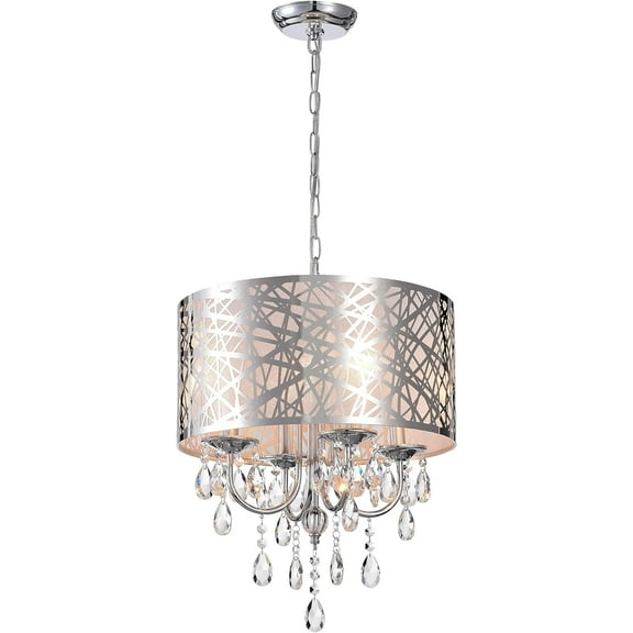 4-Light Drum Chandelier, Crystal Chandelier Fixture, for Bedroom, Dining Room, Living Room, Hallway, Bar, Chrome Finish