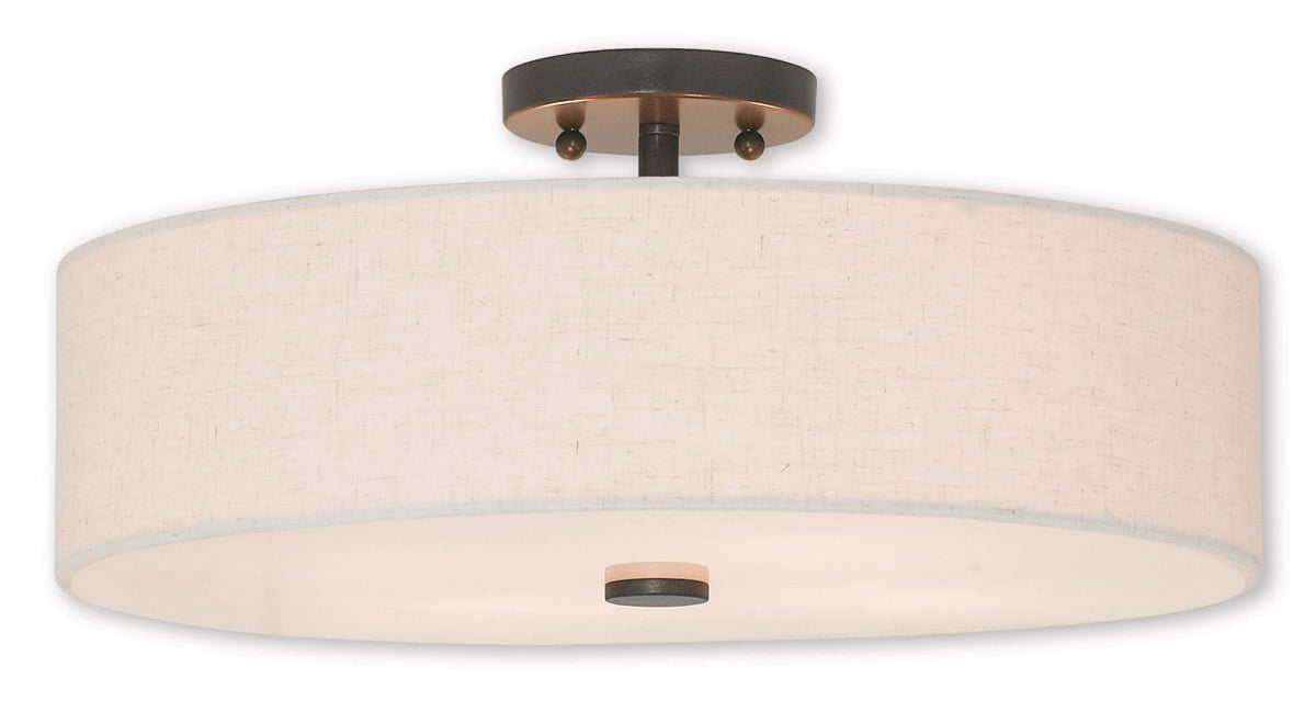 4 Light English Bronze Ceiling Light fixture with Hand Crafted Oatmeal Color Fabric Hardback Shade