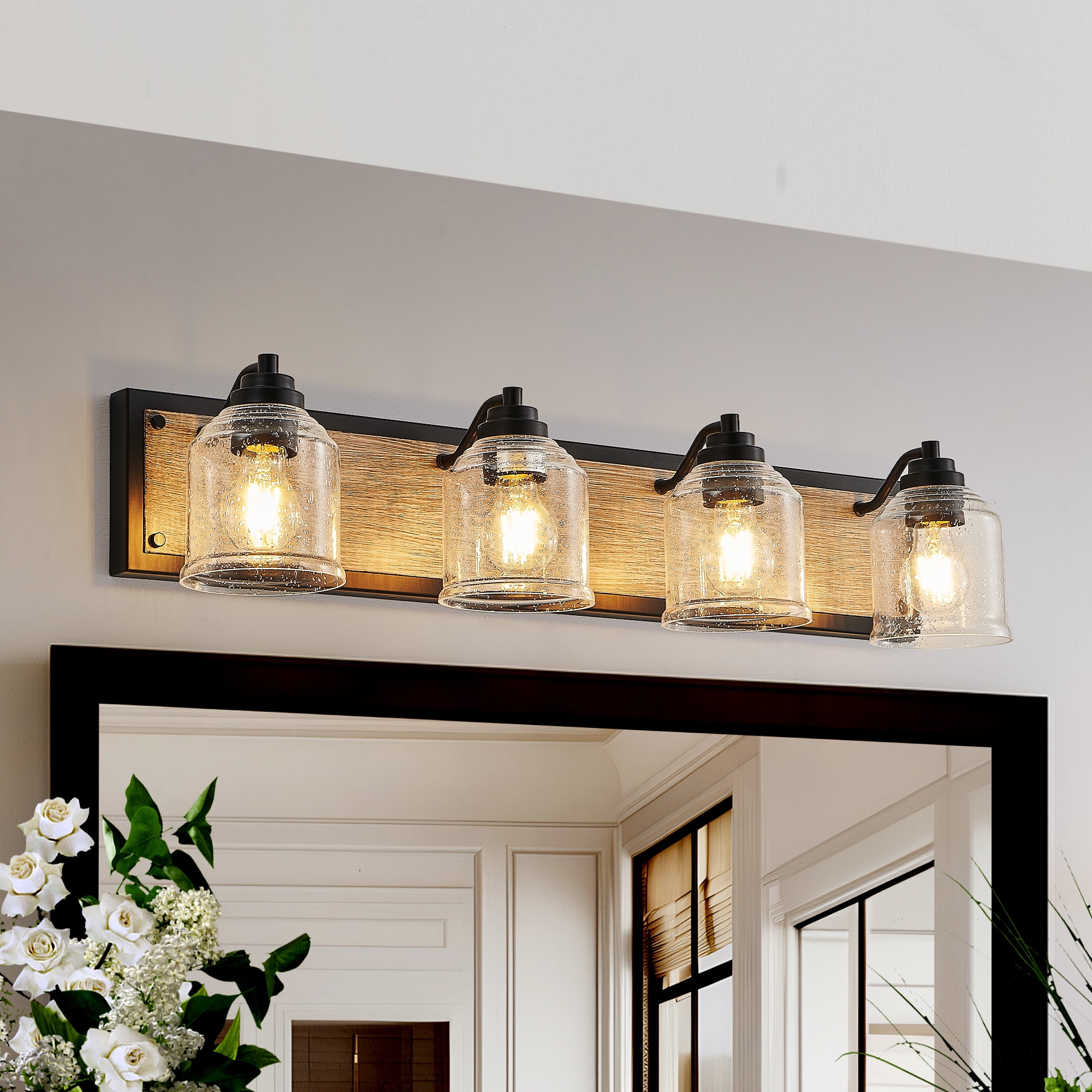 4-Light Farmhouse Bathroom Vanity Light, Brown Metal Vanity Light with Glass Shades,Rustic Wall Sconce Lighting Fixtures Over Mirror for Barhroom,Kitchen 31.5in