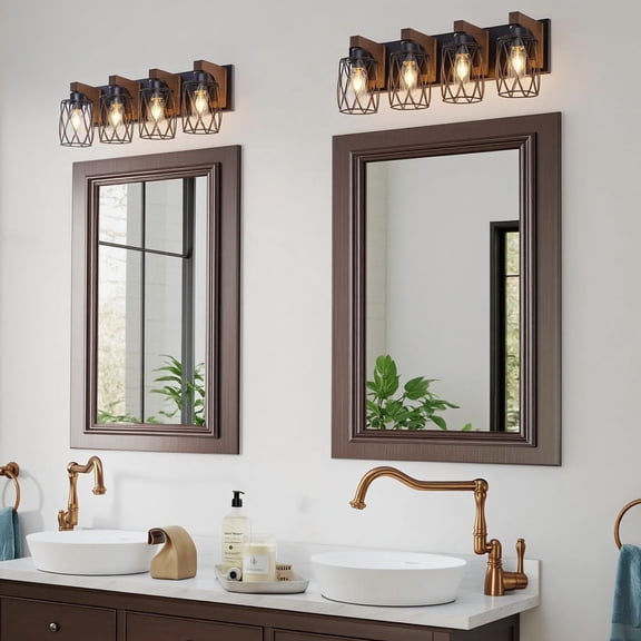 4-Light Farmhouse Bathroom Vanity Light, Rustic Wood & Black Metal Cage Wall Sconce Over Mirror On-Site   RR