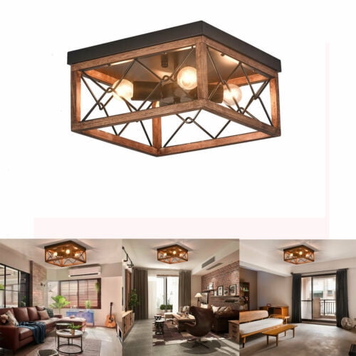 4-Light Farmhouse Ceiling Lamp Industrial Wooden Lighting Fixture Flush Mount Pendant Light For Cafe Bar