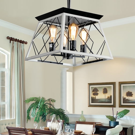 4-Light Farmhouse Chandelier White Iron Hanging Light for Dining Room Kitchen Island