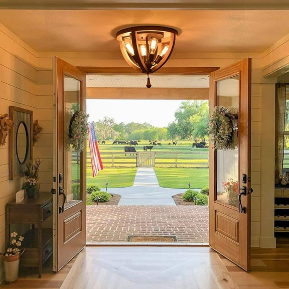 4-Light Farmhouse Flush Mount Ceiling Light Fixture, Wood Frame Chandelier Ceiling Light for Foyer Kitchen Island Entryway Hallway D.17.7 * H.15.7 Beige