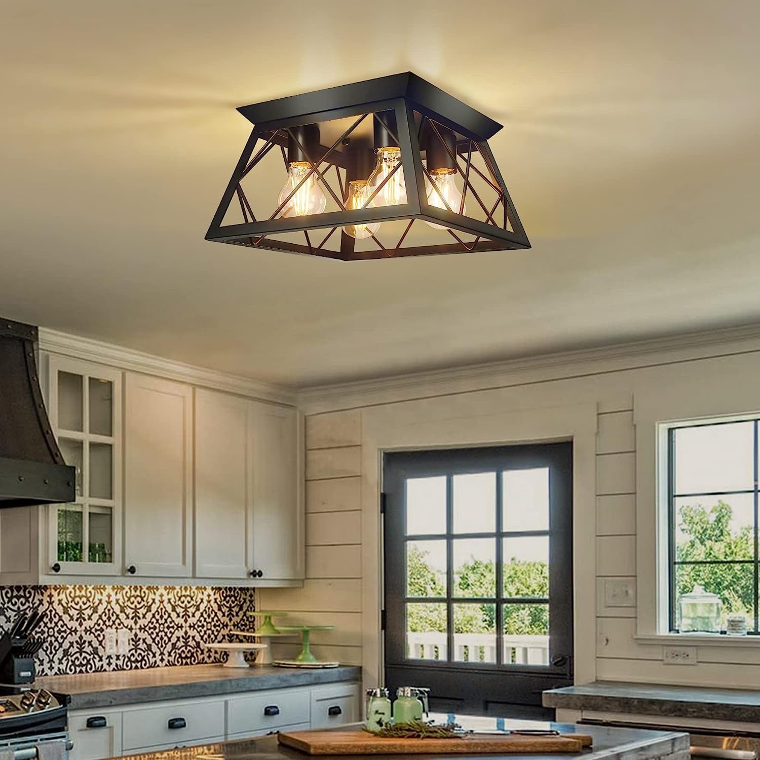 4-Light Farmhouse Flush Mount Ceiling Light Fixtures Black Metal Ceiling Light Fixture for Bedroom Living Room Dining Room Kitchen Porch