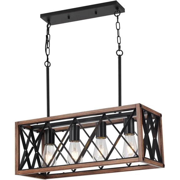 4-Light Farmhouse Linear Chandelier for Dining Room,Adjustable Rustic Pendant Light with Wood Grain Finish for Kitchen Island & Dining Table,Farmhouse Kitchen Lighting fixtures Ceiling.