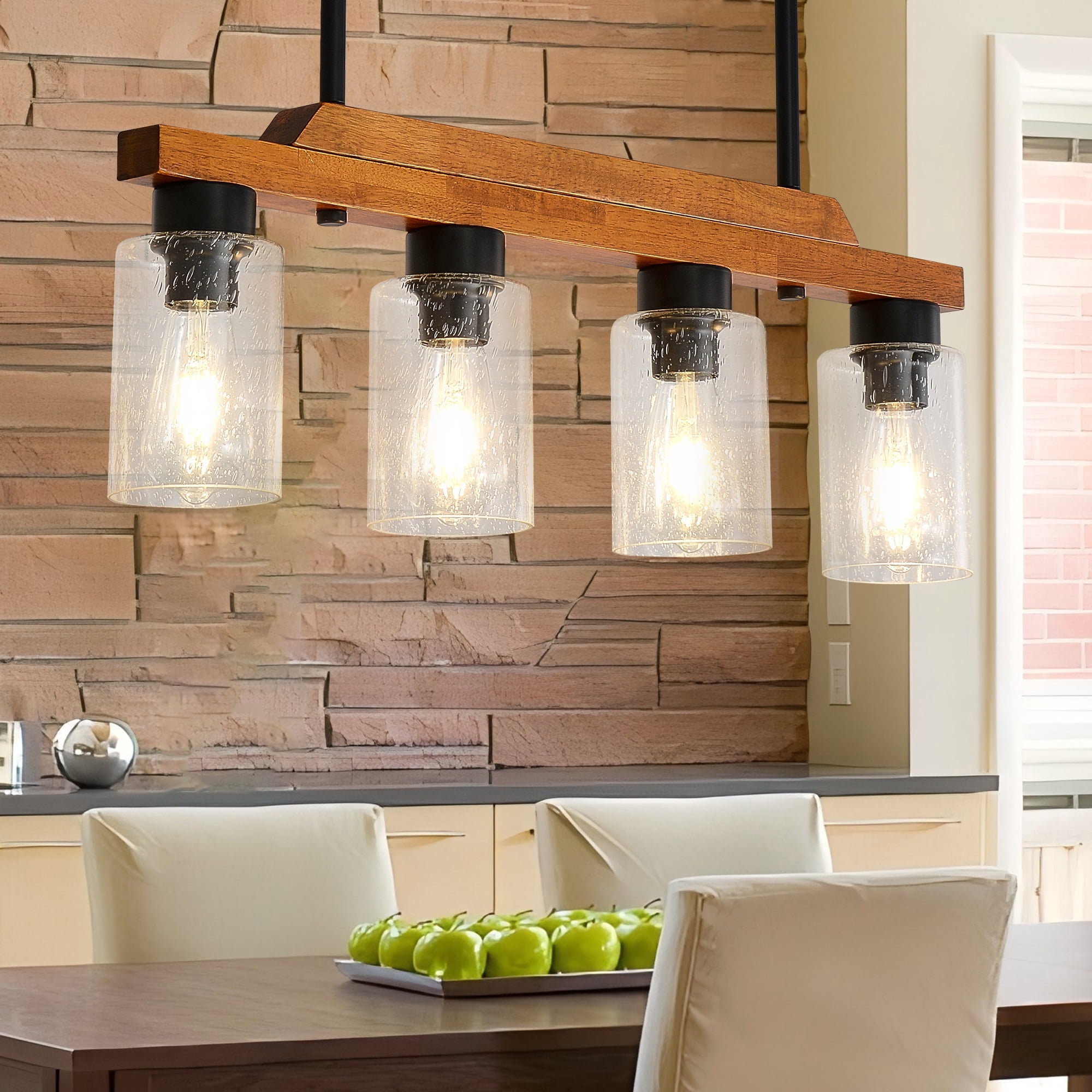 4-Light Farmhouse Pendant Light with Seed Glass Shades, Adjustable Height Kitchen Island Lighting, Linear Chandelier for Dining Room, Bar