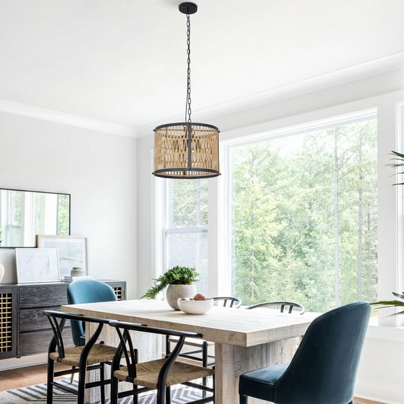 4-Light Farmhouse Rattan Pendant Light E12 Black Chandeliers Light Fixture Retro