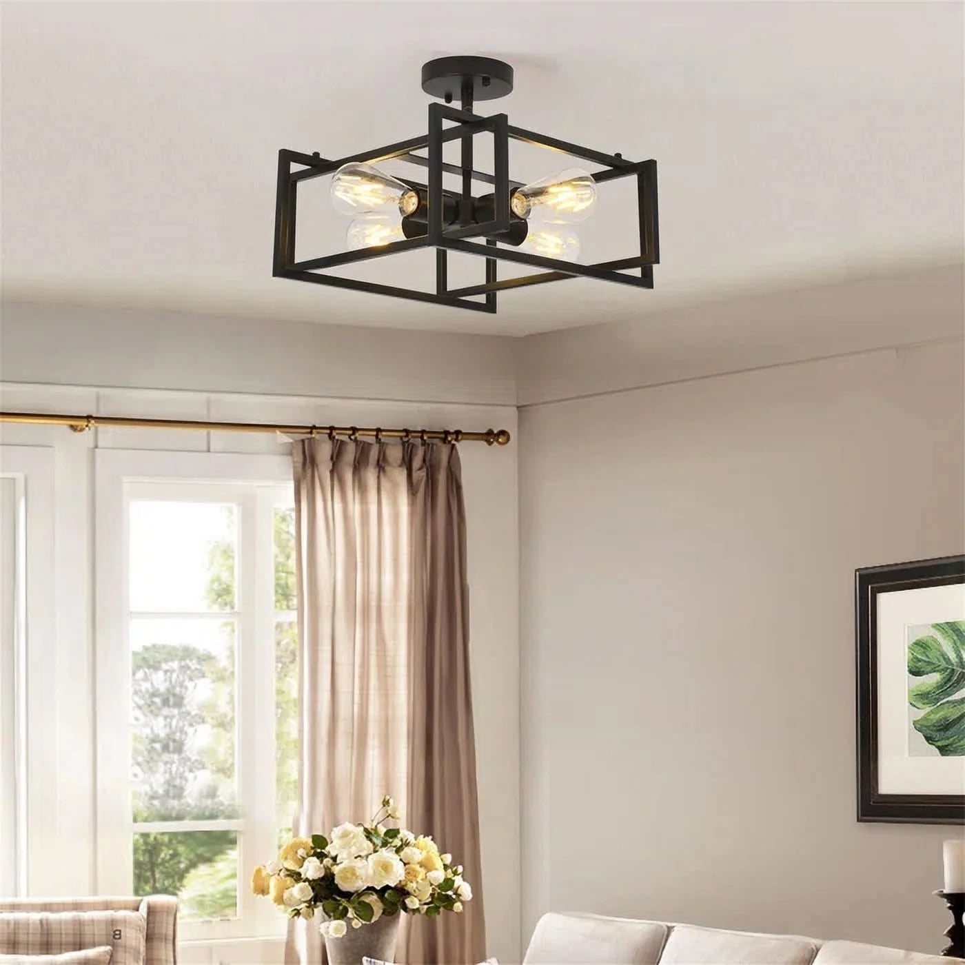 Black Metal 4-Light Farmhouse Square Chandelier