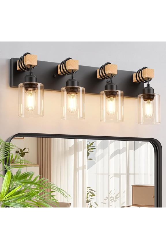 4-Light Farmhouse Vanity Lights for Bathroom Matte Black Bathroom Light Fixtures with Clear Glass Shade Rustic Wood Wall Lighting Fixtures over Mirror for Bedroom, Living Room, Hallway
