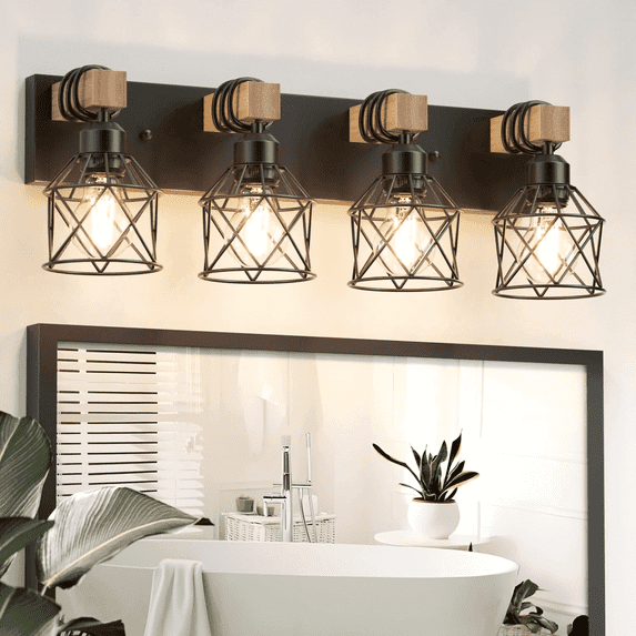 4-Light Farmhouse Wood Bathroom Vanity Lights over Mirror with Metal Cage Lampshade Rustic Bathroom Light Fixtures for Mirror, Living Room, Bedroom, Hallway