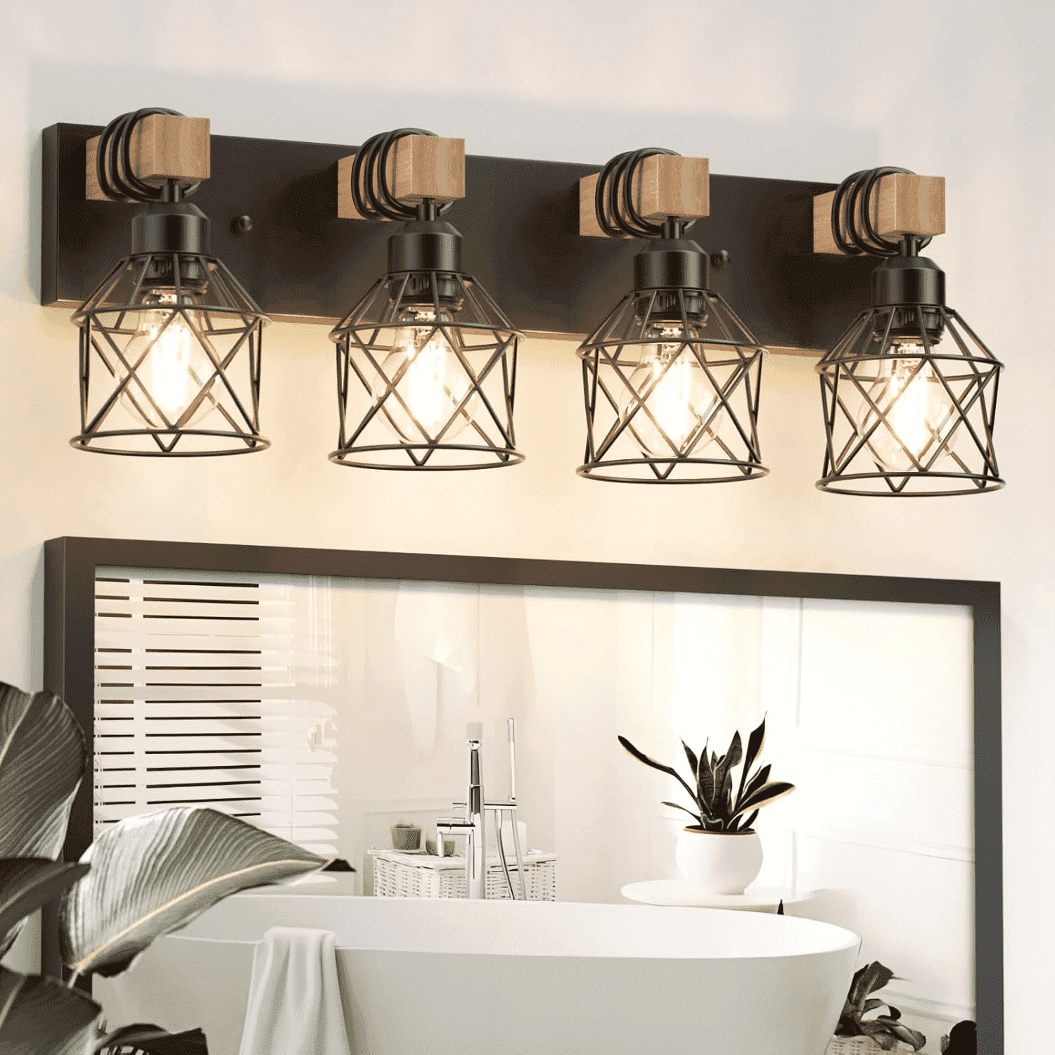 4-Light Farmhouse Wood Bathroom Vanity Lights over Mirror with Metal Cage Lampshade Rustic Bathroom Light Fixtures for Mirror, Living Room, Bedroom, Hallway