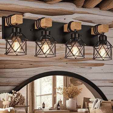 4-Light Farmhouse Wood Bathroom Vanity Lights over Mirror with Metal Cage Lampshade Rustic Bathroom Light Fixtures for Mirror, Living Room, Bedroom, Hallway