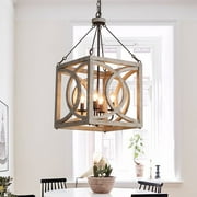 4-Light Farmhouse Wood Chandelier Rustic Kitchen Pendant Light Fixture Square Wooden Ceiling Hanging Lighting for Dining Room، Island، Foyer,