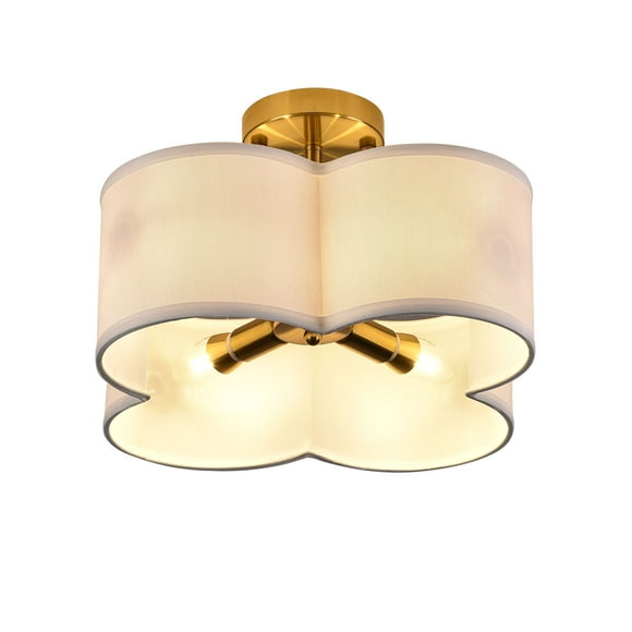 4-Light Flush Mount Ceiling Light for Kids Room, 13in Retro Style Flower Shape Ceiling Lamp, Fabric Shade, White and Gold Color