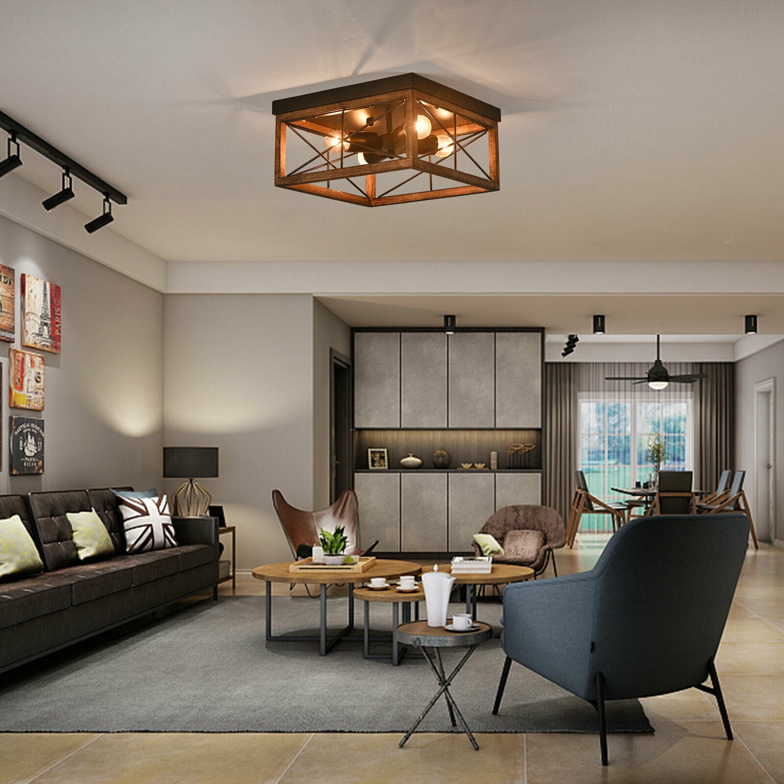 4-Light Flush Mount Ceiling Lights Fixtures,Rustic Vintage Wood