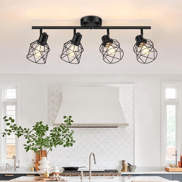 4 Light Flush Mount Ceiling Spot Light Fixture Track Lighting Fixtures Ceiling Black Flush Mount Ceiling Light with E26 Base Industrial Track Lighting for Kitchen, Living Room, Dining Room, Hallway