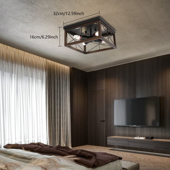 4-Light Industrial Ceiling Light 12x12 Inch Wood and Iron Cage Flush Mount Black Metal Frame with Wood Grain Accents