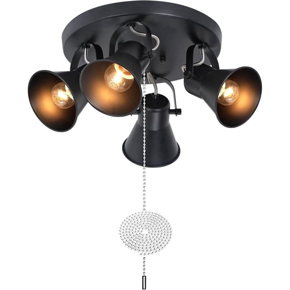 KEESFU 4-Light Industrial Track Lighting Fixture, Black Adjustable Ceiling Light with Pull Chain Switch, Modern Flush Mount for Kitchen, Hallway, Dining Room