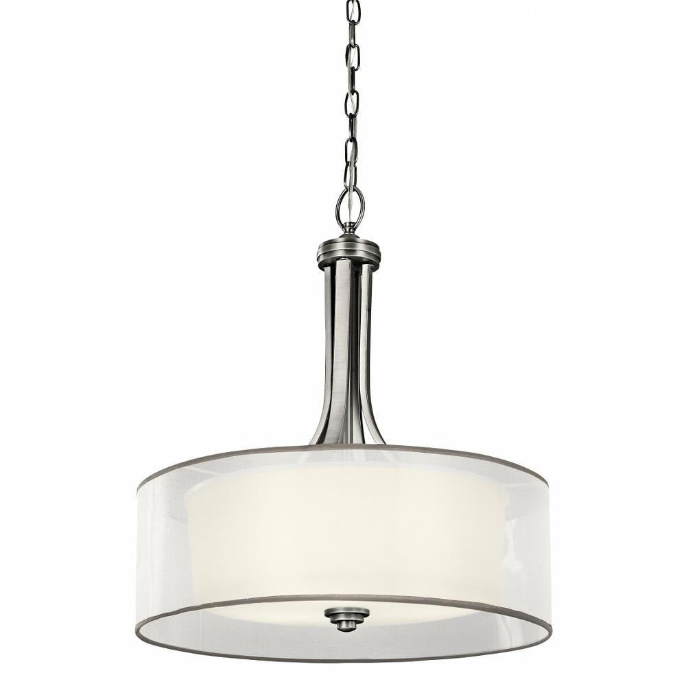 Antique Pewter Drum Pendant Light with White Glass Shade