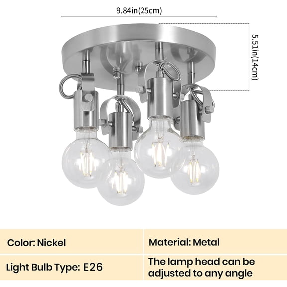 4 Light Kitchen Flush Mount Ceiling Light with Pull Chain, Industrial Ceiling Light with Rotatable Light Head,Nickel Pull String Light for Bedroom Closet Hallway Kitchen Laundry