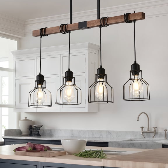 4-Light Kitchen Island Lighting, 32" Dining Room Light Fixture, Adjustable Height Farmhouse Chandelier, Modern Linear Ceiling Chandeliers for Dining Room