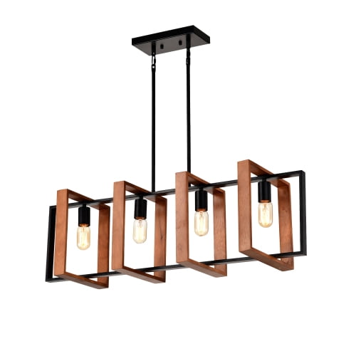 36" Matte Black and Rustic Wood Rectangular Island Chandelier