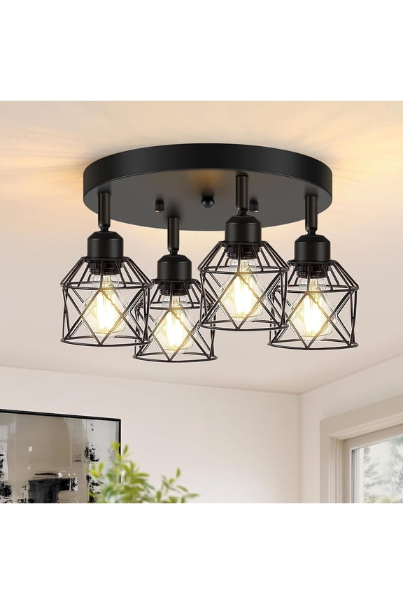 4-Light Kitchen Light Fixtures Ceiling Mount Adjustable Multi-Directional Flush Mount Ceiling Light Fixtures Farmhouse Metal Cage Ceiling Lights for Dining Room Entryway Hallway