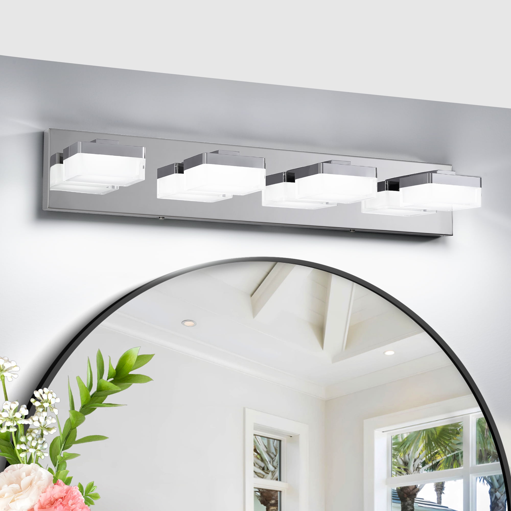 4 Light LED Modern Bathroom Lighting Fixtures Over Mirror 24.8in Dimmable Bathroom Vanity Light Fixture Chrome