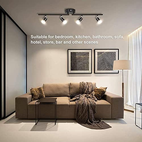 4 Light LED Track Lighting Kit 60W Flexibly Rotatable Light Heads Black Ceiling Spot Lighting 85 to 265V for Kitchen Bathroom