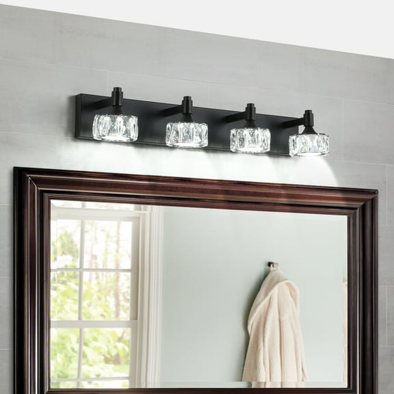 4-Light LED Vanity Light, 27.6 Inch with Crystal Shades, Dimmable, Matte Black Finish Modern