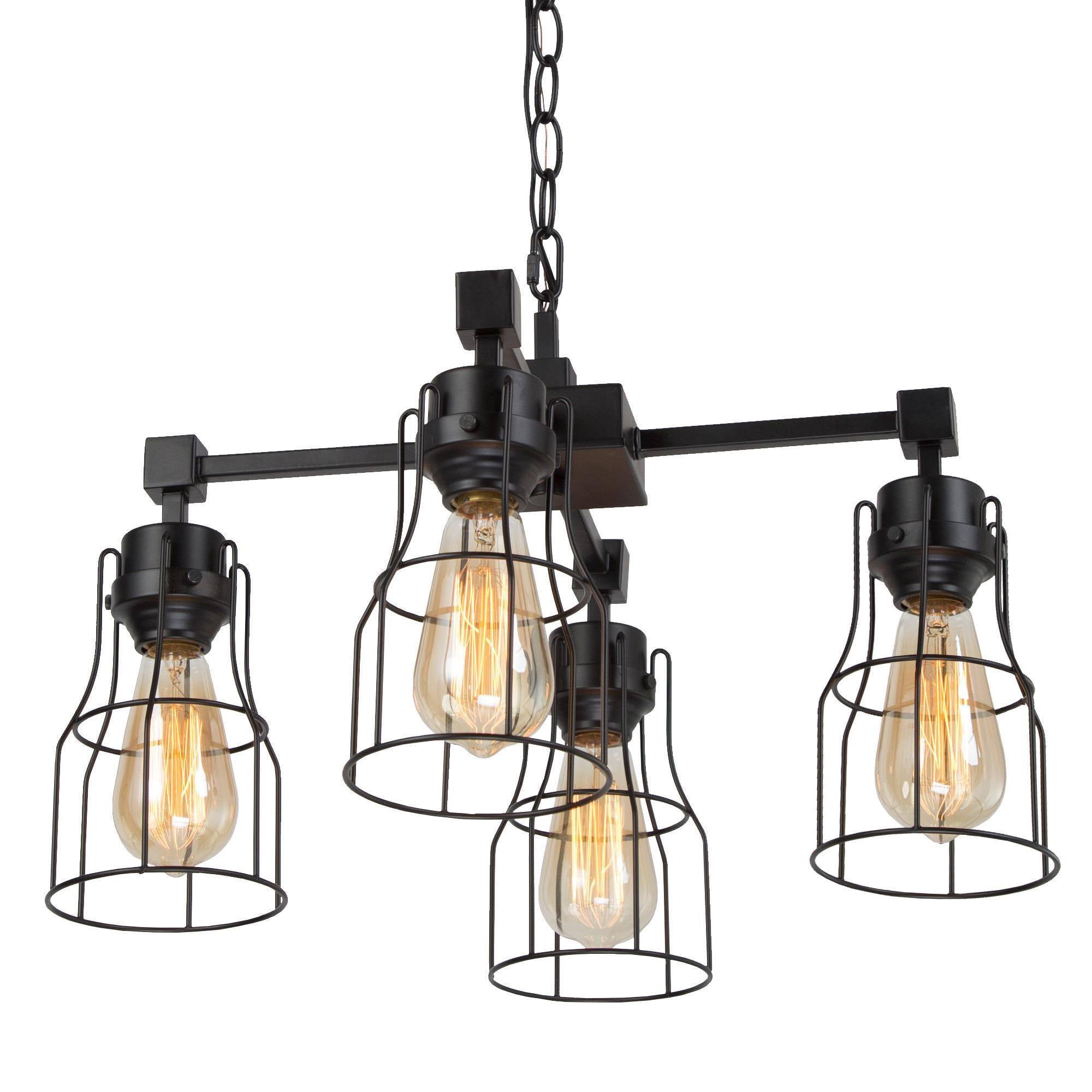 LNC 4-Light Black and Brown Wood Sputnik LED Pendant for Kitchen Island