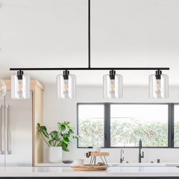 YANSUN Linear Chandelier 4-Light Modern Hanging Pendant Light with Clear Glass Shade