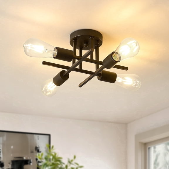 4-Light Matte Black Semi Flush Mount Ceiling Light, Modern Industrial Close to Ceiling Light Fixture for Bedroom, Hallway, Entryway, Kitchen
