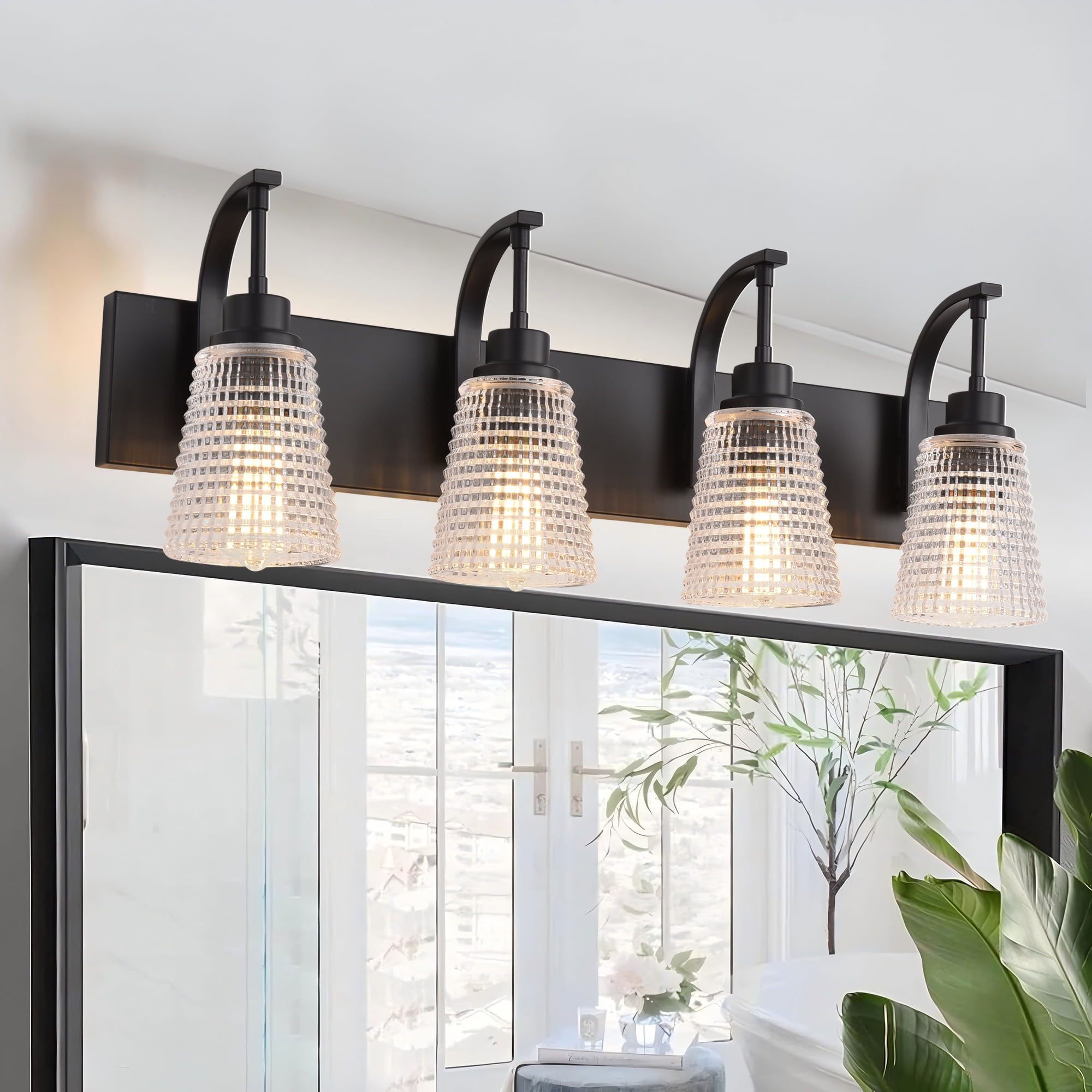 4-Light Matte Black Vanity Light, Modern Farmhouse Bathroom Light Fixture with Clear Rippled Glass Shades for Mirror, 28.74 Inch
