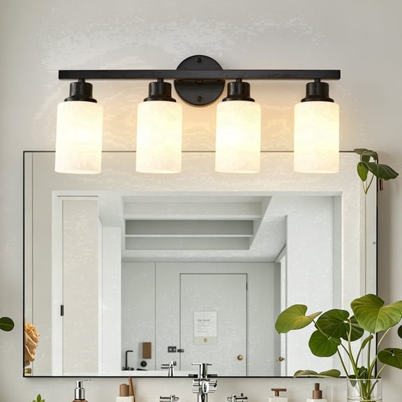 4-Light Matte Black Modern Vanity Light with White Glass Shades, E26 Base