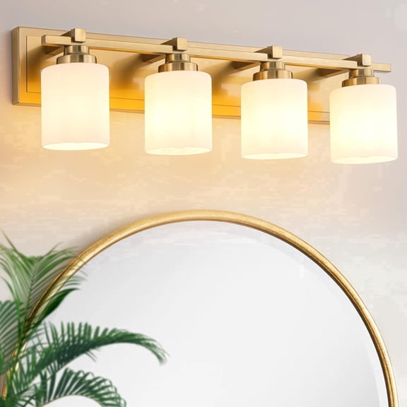 SineRise 4 Light Modern Bathroom Vanity Fixture, Brass Finish, Milky White Glass Shades, E26 Socket (Bulbs Not Included)