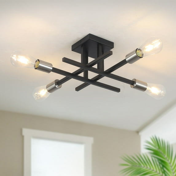 4-Light Modern Semi-Flush Mount Light for Kitchen Bedroom Living Room Black+Nickel