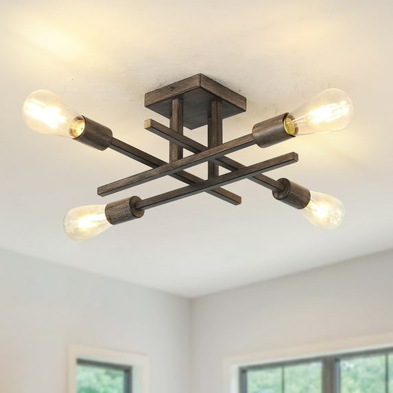 4-Light Modern Semi-Flush Mount Light for Kitchen Bedroom Living Room Imitation Wood/Brown