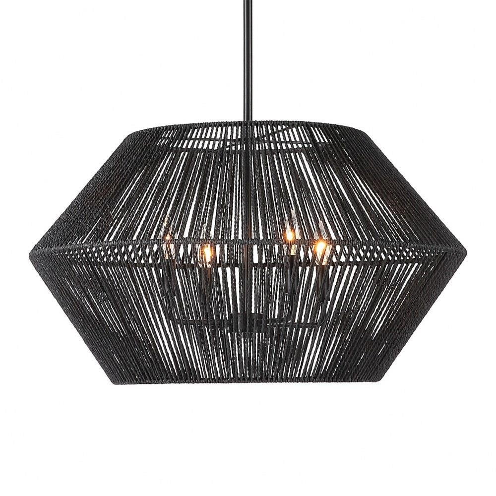 Matte Black Geometric Rattan and Steel 4-Light Pendant