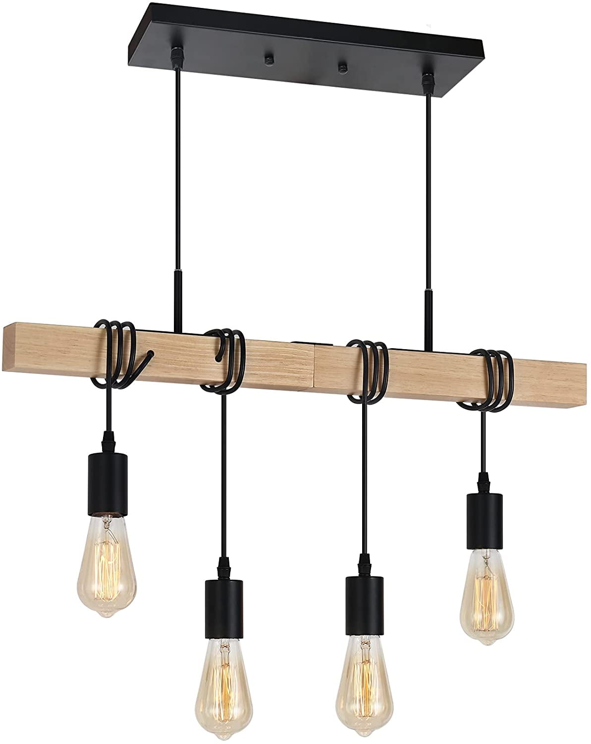 4-Light Pendant Ceiling Fixture, Adjustable Hanging Pendant Lights with Solid Wood, Vintage Chandelier
