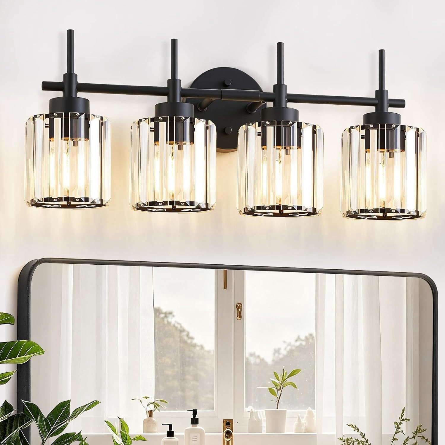 NATYSWAN 4 Light Round Crystal Vanity Lights, Modern Black Crystal Wall Light Bath Mirror Light Fixture Over Mirror Bathroom Wall Sconces for Bathroom Living Room
