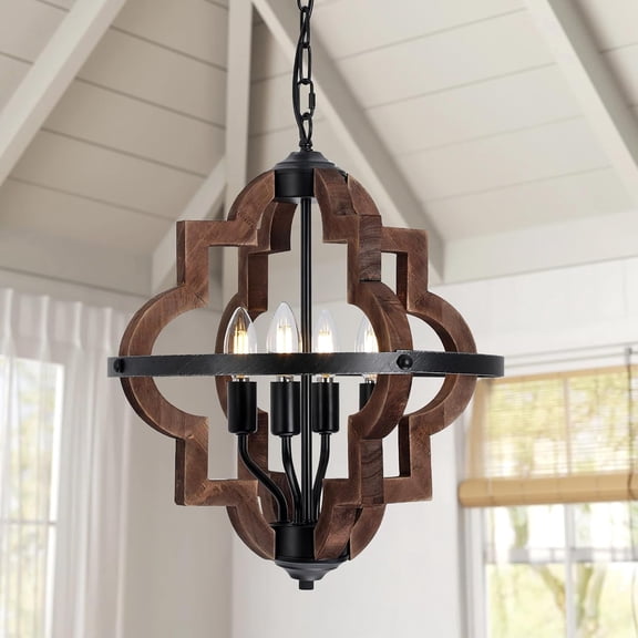 4-Light Rustic Chandeliers for Dining Room, Farmhouse Wood & Black Metal Pendant Light Fixture, Adjustable Height Vintage Ceiling Light for Kitchen Island, Entryway, Bedroom